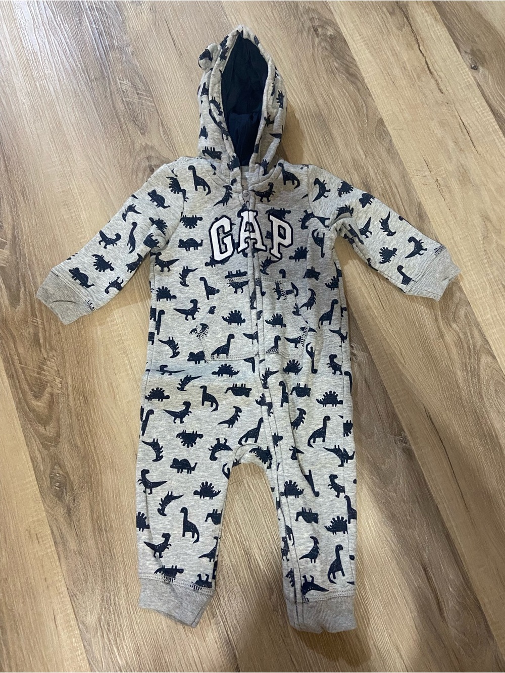 GAP Gray Hoodie One-Piece with Navy Dino Print